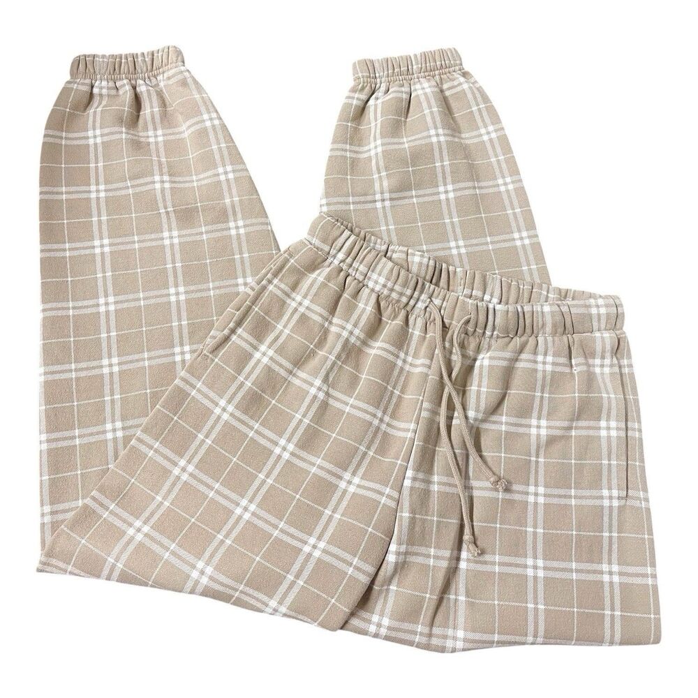 PacSun Womens Small Plaid Fleece Jogger Pants Beige White Y2K Lounge Drawstring